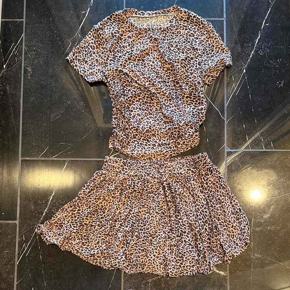 Leopard Print Two-Piece Top & Skirt Set - Brown Tan Black